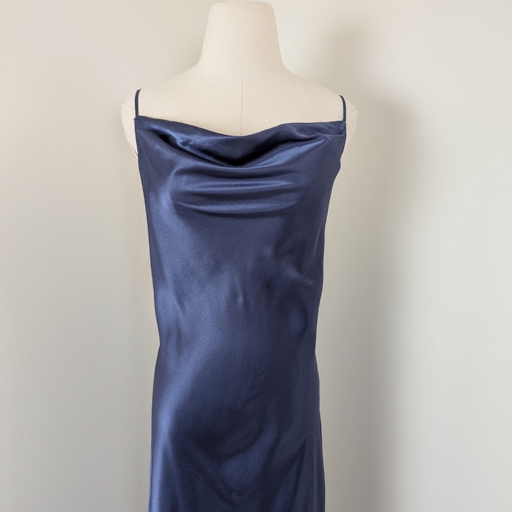90s Navy Maxi Satin Slip Cowl Neckline Spaghetti Straps Floor Length Open Back - Picture 9 of 14
